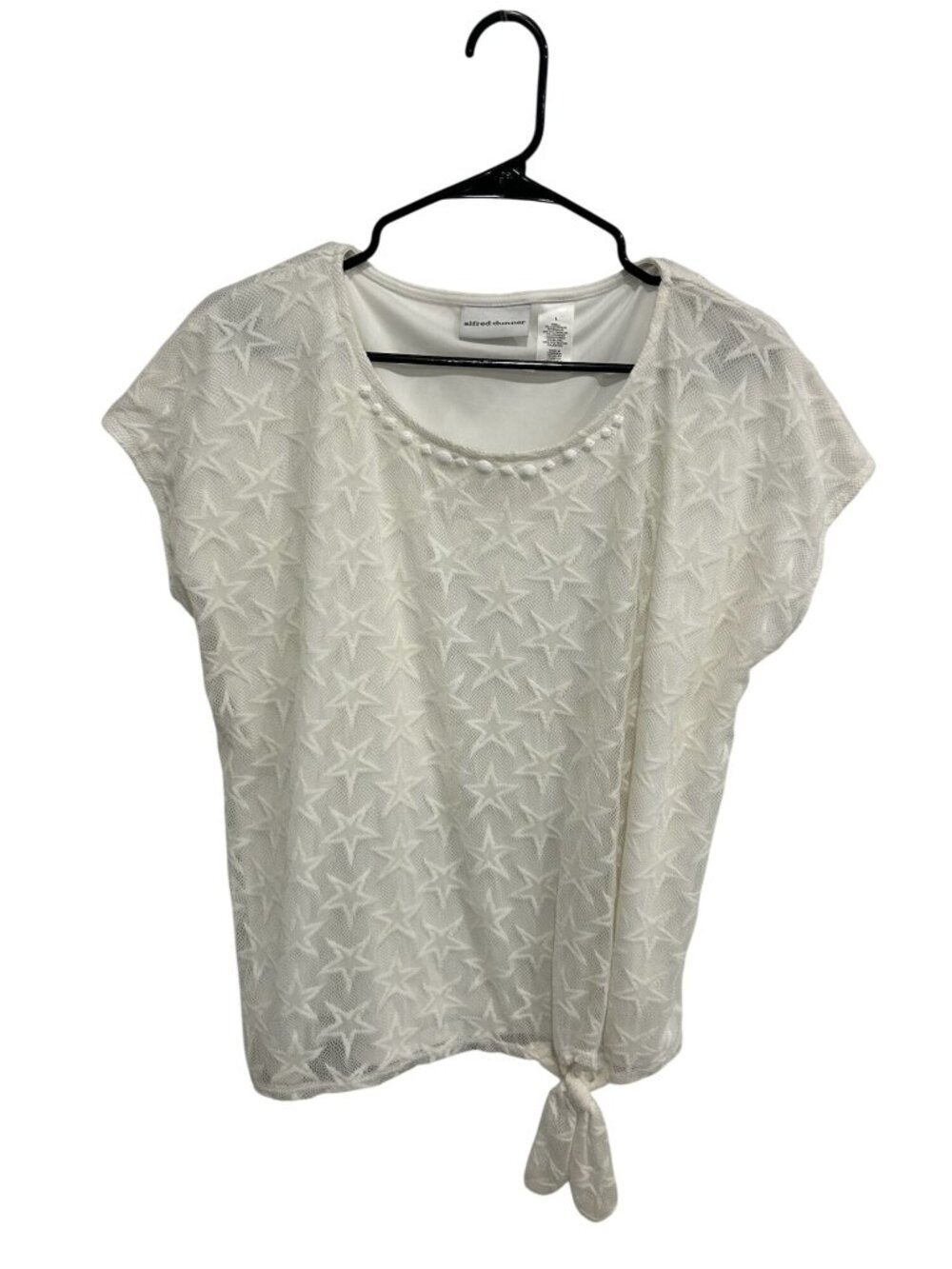 Alfred Dunner Large White Star Embroidered Short Sleeve Tie Hem Top Celestial